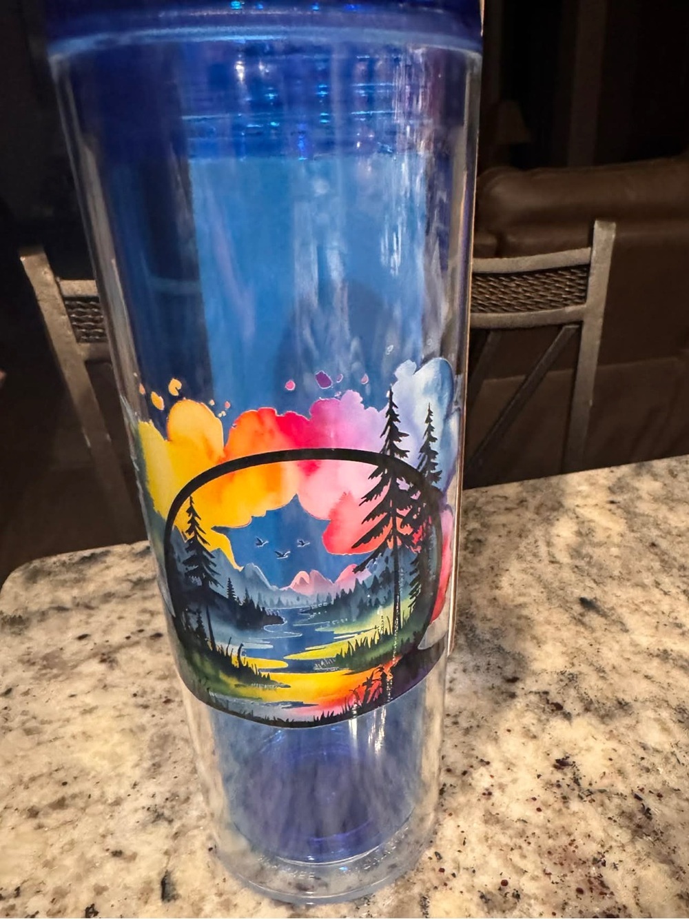 Rainbow Mountain Lake Scene Hand Crafted Blue Tumbler NEW IN BOX WITH STRAW